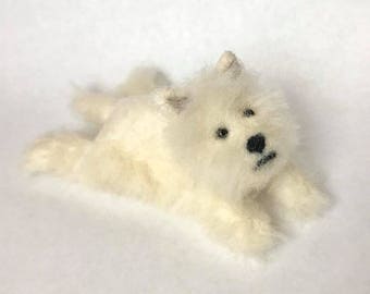 West Highland Terrier - Needle Felted Westie - Wool Dog - Felt Three Dimensional Pet Portrait - White Handmade Schnauzer Puppy Sploot