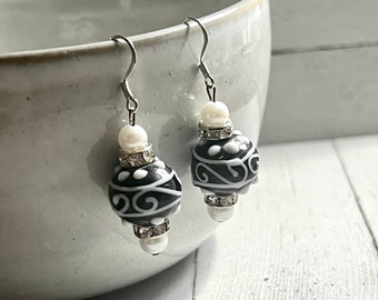 Black and White Glass Beaded Earrings - Hypoallergenic Stainless Steel Ear Wires -  Dressy Statement Style Fashion Jewelry Dangles