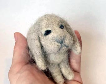 Gray Lop Eared Rabbit - Needle Felted Bunny - Sitting Rabbit - Wool Pet Three Dimensional Sculpture - Grey Fuzzy Animal - Artist Doll