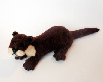 Needle Felted Otter - Brown & White Otter Home Decor, Animal Portrait, Soft Sculpture, Animal Art, Needle Felted Wool Sea Animal