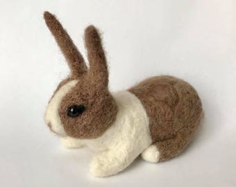 Chocolate Colored Dutch Rabbit - Brown and White Bunny - Handmade Wool Pet - 3D Animal Sculpture - Artist Teddy Rabbit Collectible OOAK - Ea