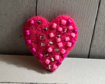 Pink Needle Felted Heart Brooch with Hand Stitched Beads - Wool Heart Pin - Felt Accessory - Pure Wool Pink Valentine's Day Heart