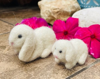 Cute White Lop-Eared Bunny - Needle Felted Miniature Rabbit Fiber Art Doll - Mini Handmade Felt - Felted Wool Animal - Wooly Bunnies