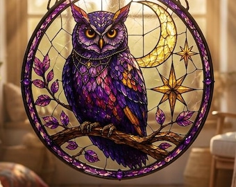 Round Stained Glass Owl Suncatcher, Purple Celestial Moon Window Hanging