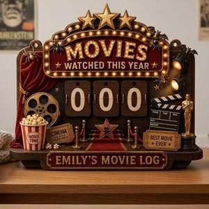 Personalized Wooden Movie Tracker, Cinema Marquee Watch Log Decor, Film Lover Gift