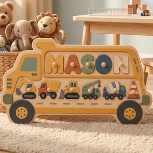 Personalized Wooden Construction Busy Board, Custom Name Truck Puzzle Toy