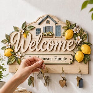 Può includere: Un portachiavi da parete in legno con un'illustrazione di una casa, la parola "Welcome" in rilievo e il testo "The Johnson Family" su una targhetta. È decorato con limoni gialli e fiori bianchi, dotato di cinque ganci in metallo.