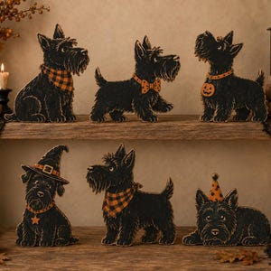 Skotsk terrier Halloweendekoration, svart skotsk hundhylldekoration, nyckfull vintage läskig bordsdekoration