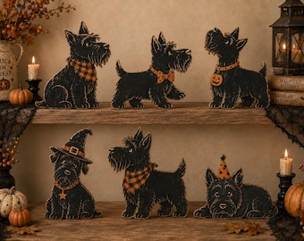 Scottish Terrier Halloween Decor, Black Scottie Dog Shelf Decoration, Whimsical Vintage Spooky Tabletop Decor