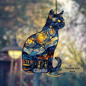 Van Gogh Starry Night Cat Suncatcher, Acrylic Faux Stained Glass