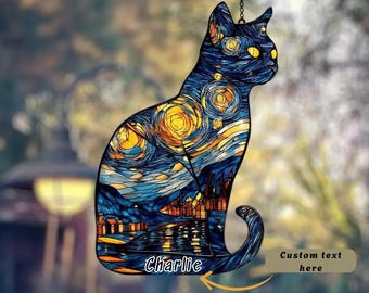 Van Gogh Starry Night Cat Suncatcher, Acrylic Faux Stained Glass