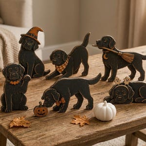Puede incluir: Una colección de seis figuras de perros Labrador retriever negros con acabados desgastados. Los perros aparecen en varias posturas, luciendo accesorios que incluyen un sombrero de bruja, un pañuelo a cuadros, una escoba, una pajarita y una diadema de fantasmas.