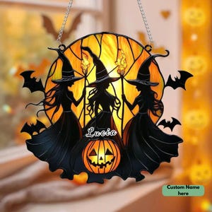 Triple Witch Suncatcher, Jack O Lantern, Halloween Acrylic Window Hanging