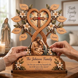 Könnte beinhalten: Eine dekorative Stammbaum-Skulptur aus Holz mit einem herzförmigen Rahmen in der Mitte, einem Kreuz und einem kleinen roten Herz. Der Sockel zeigt den Text The Johnson Family und das Zitat As for me and my household, we will serve the Lord. Joshua 24:15.