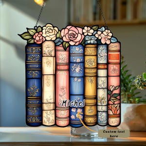 Atrapasol de vitrales artificiales con diseño de libros florales – Decoración acrílica para ventanas