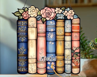 Floral Books Faux Stained Glass Suncatcher – Acrylic Window Decor