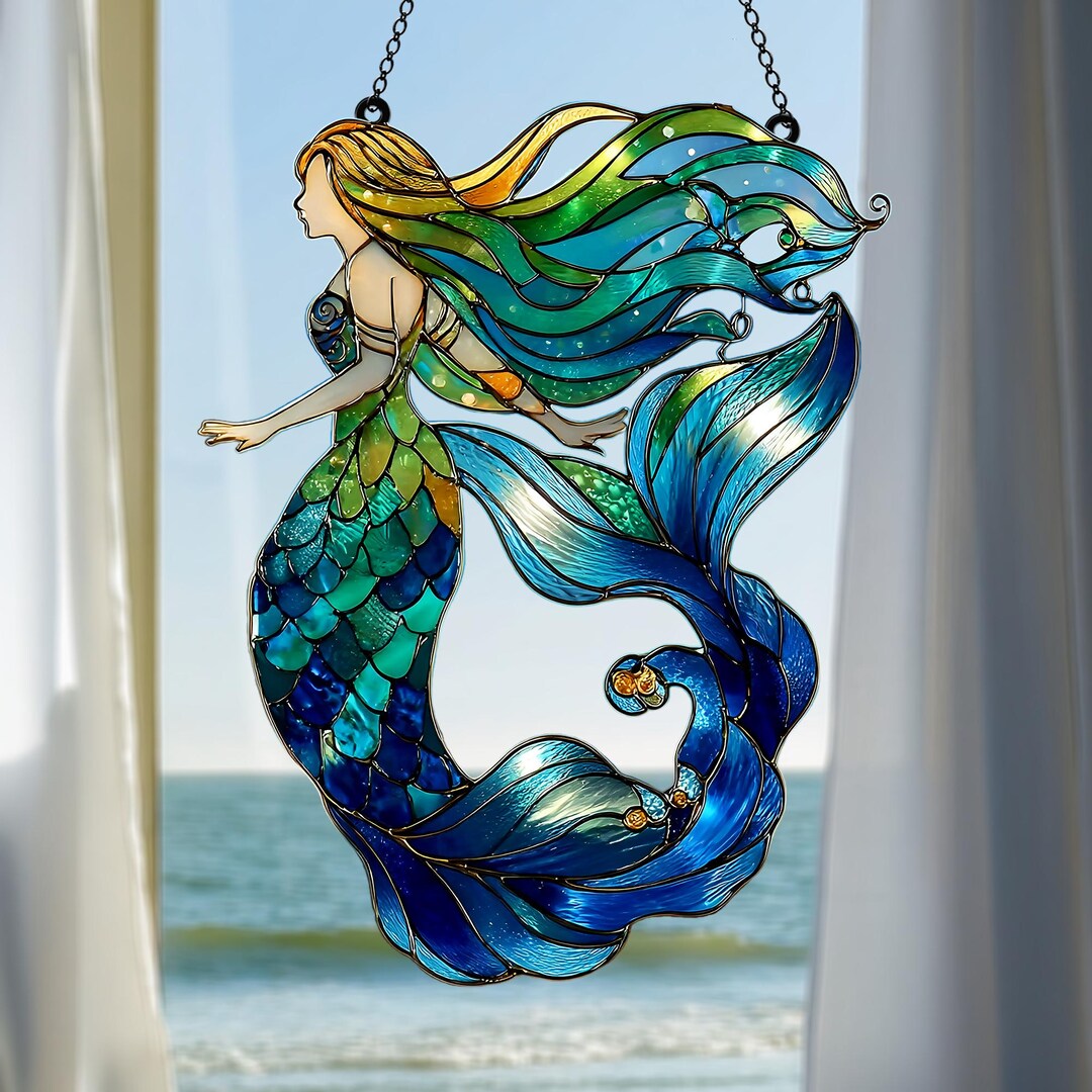 Sea Siren Acrylic Window Hanging, Turquoise Mermaid Faux Stained Glass ...