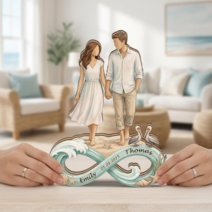Puede incluir: Un signo de infinito de madera con una pareja caminando por una playa, con pelícanos y conchas marinas. El letrero tiene los nombres "Emily" y "Thomas" y la fecha "05.01.2025". El letrero está sostenido por dos manos.
