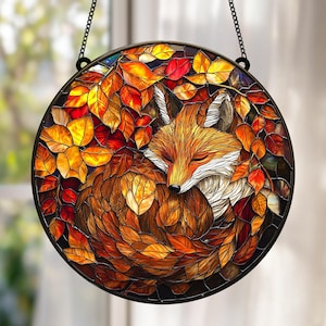 Fox faux glas-in-loodraam hangend, faux glas dier suncatcher, dier kunst aan de muur Home Decor, verjaardagscadeau voor Fox minnaar herfst Home Decor
