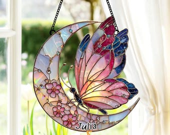 Butterfly Moon Acrylic Suncatcher, Faux Stained Glass Window Hanging