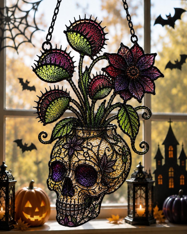 May include: A hanging suncatcher featuring a skull-shaped base with intricate filigree patterns in yellow and purple. Emerging from the top are several Venus flytrap plants and a large, dark purple flower, all rendered in a stained glass style.