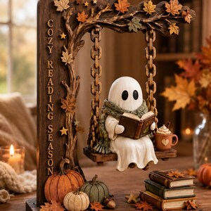 May include: A decorative wooden display featuring a white ghost sitting on a swing, reading a book, and wearing a green scarf. The structure includes the text COZY READING SEASON, autumn leaves, pumpkins, a mug, and a stack of books on the base.