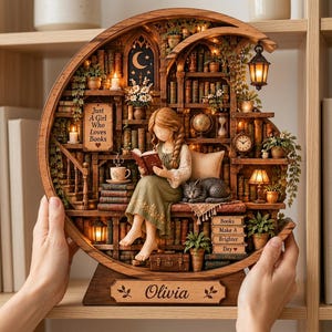 Può includere: Un diorama in legno a forma di mezzaluna con una biblioteca in miniatura, una figura che legge, un gatto e lanterne illuminate. Il testo recita: Just A Girl Who Loves Books, Books Make A Brighter Day e il nome Olivia sulla base.