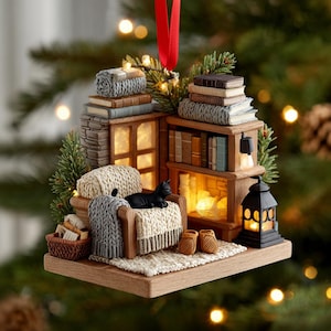 May include: A decorative Christmas ornament featuring a miniature cosy room scene with a cream-coloured armchair, a black cat, stacks of books, a wooden bookshelf, a small lantern, and a red ribbon for hanging, all set on a wooden base.
