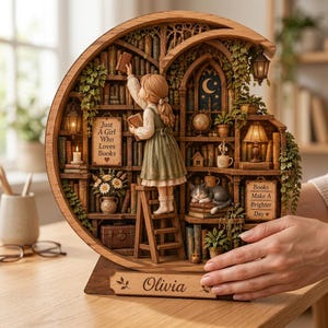 May include: A crescent-shaped wooden bookshelf diorama featuring a figure on a ladder reaching for books. It includes miniature shelves, a sleeping cat, hanging lanterns, and signs reading Just A Girl Who Loves Books, Books Make A Brighter Day, and Olivia.