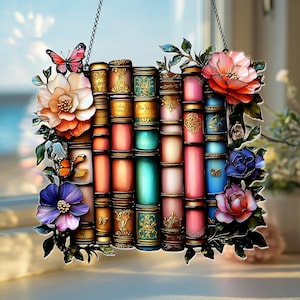 Floral Bookshelf Acrylic Suncatcher, Faux Stained Glass Book and Flower Window Decor, Gift for Readers, Librarians, Bookish Homes