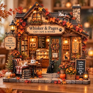 May include: A miniature model of a cat cafe and bookstore named Whisker & Pages, decorated with autumn leaves, pumpkins, and cats. The structure features a stone base, a wooden facade, interior lighting, and signs with text including Good Books, Great Coffee, Happy Cats, and Life is Better with Cats & Books.