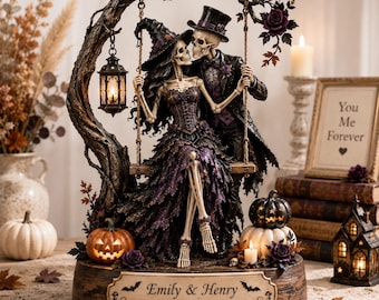 May include: A decorative figurine featuring two skeletons on a swing under a tree branch. The female skeleton wears a witch hat and purple dress, the male wears a top hat and suit. The base reads: Emily & Henry, OUR LOVE, AN ENDLESS DANCE.