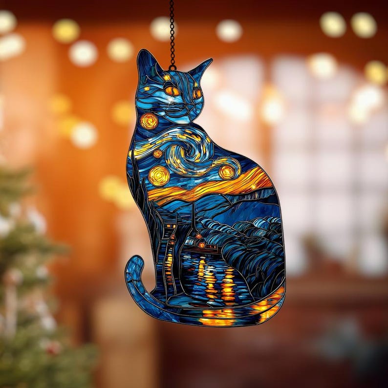 Van Gogh Starry Night Cat Suncatcher, Acrylic Faux Stained Glass - Etsy