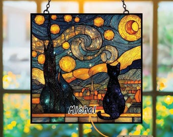 Black Cat Suncatcher – Starry Night Faux Stained Glass, Van Gogh Art