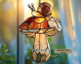 Mushroom Snail Faux Stained Glass Suncatcher, Autumn Decor