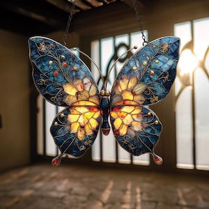 Blue and Gold Butterfly Faux Stained Glass Suncatcher – Acrylic Butterfly Window Art, Whimsical Nature Decor for Butterfly and Flower Lovers
