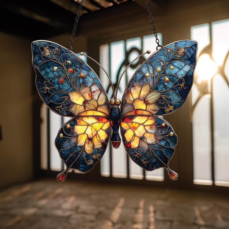 Blue and Gold Butterfly Faux Stained Glass Suncatcher – Acrylic Butterfly Window Art, Whimsical Nature Decor for Butterfly and Flower Lovers
