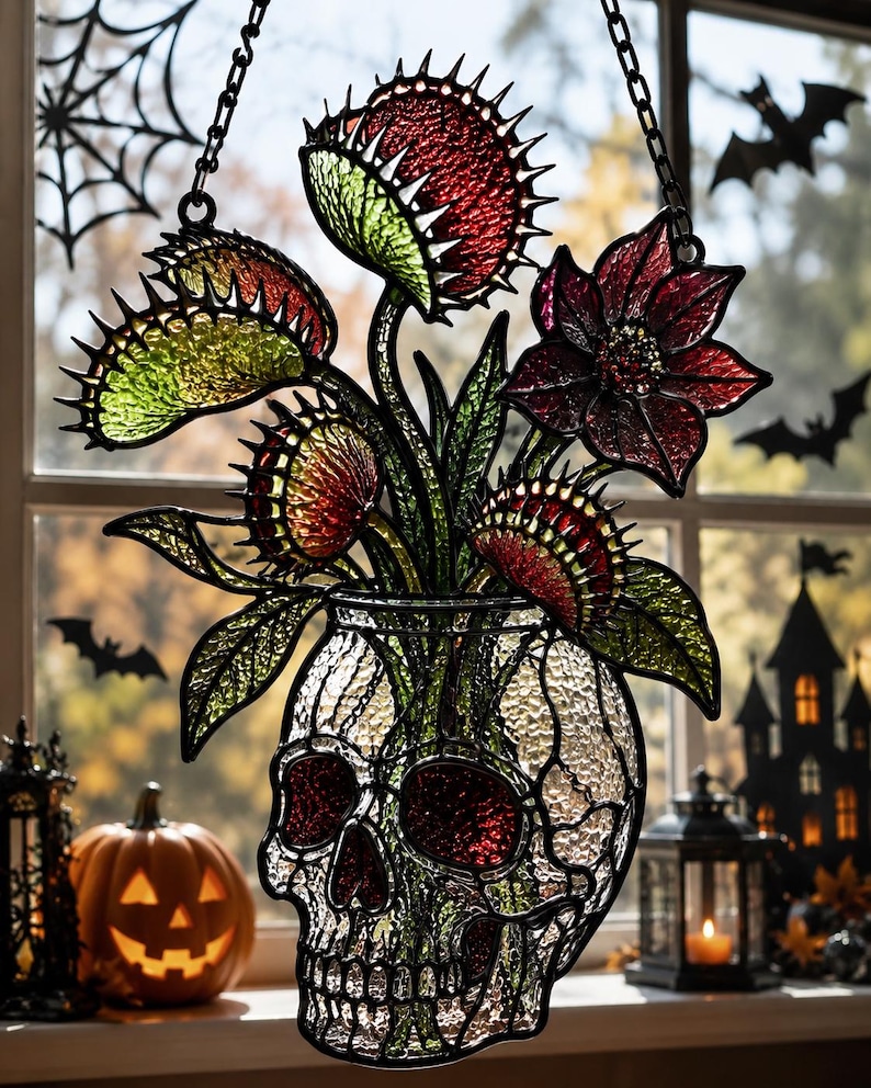 May include: A stained glass suncatcher featuring a clear, textured skull-shaped vase holding several green and red Venus flytrap plants and a dark red flower. The piece is framed in black metal and hangs from a chain, displaying vibrant colors.