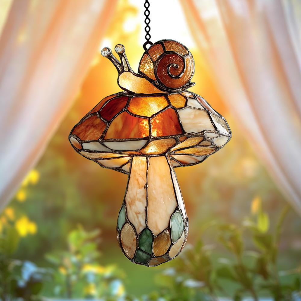 Funghi con lumaca, acchiappasole in vetro colorato, decorazione autunnale da appendere alla finestra, regalo in stile cottagecore per amici, colleghi e amanti dei funghi.