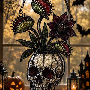 May include: A stained glass suncatcher featuring a human skull base with a textured cream finish and dark red eye sockets. Emerging from the top are three green and red Venus flytrap plants and a single dark red flower, all held by a black chain.