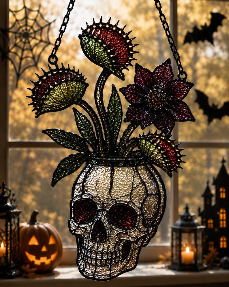 May include: A stained glass suncatcher featuring a human skull base with a textured cream finish and dark red eye sockets. Emerging from the top are three green and red Venus flytrap plants and a single dark red flower, all held by a black chain.