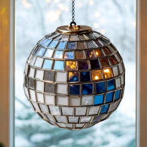 Mosaik-Glas-Spiegelball-Kunst-Buntglas - Acryl-hängendes Disco-Kugel-Ornament mit blauen und goldenen Akzenten, Funky Haus- oder Ereignis-Dekor