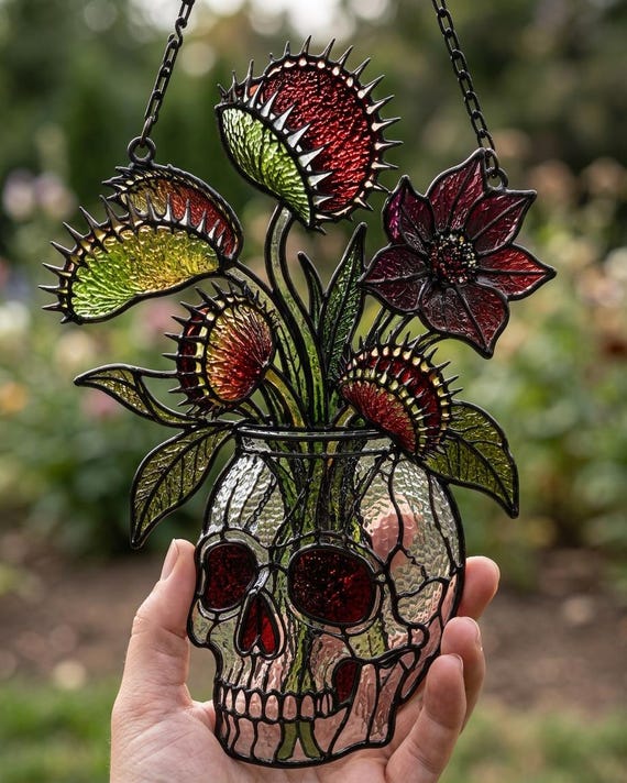 Venus Flytrap Skull Suncatcher, Gothic Faux Stained Glass Window Hanging