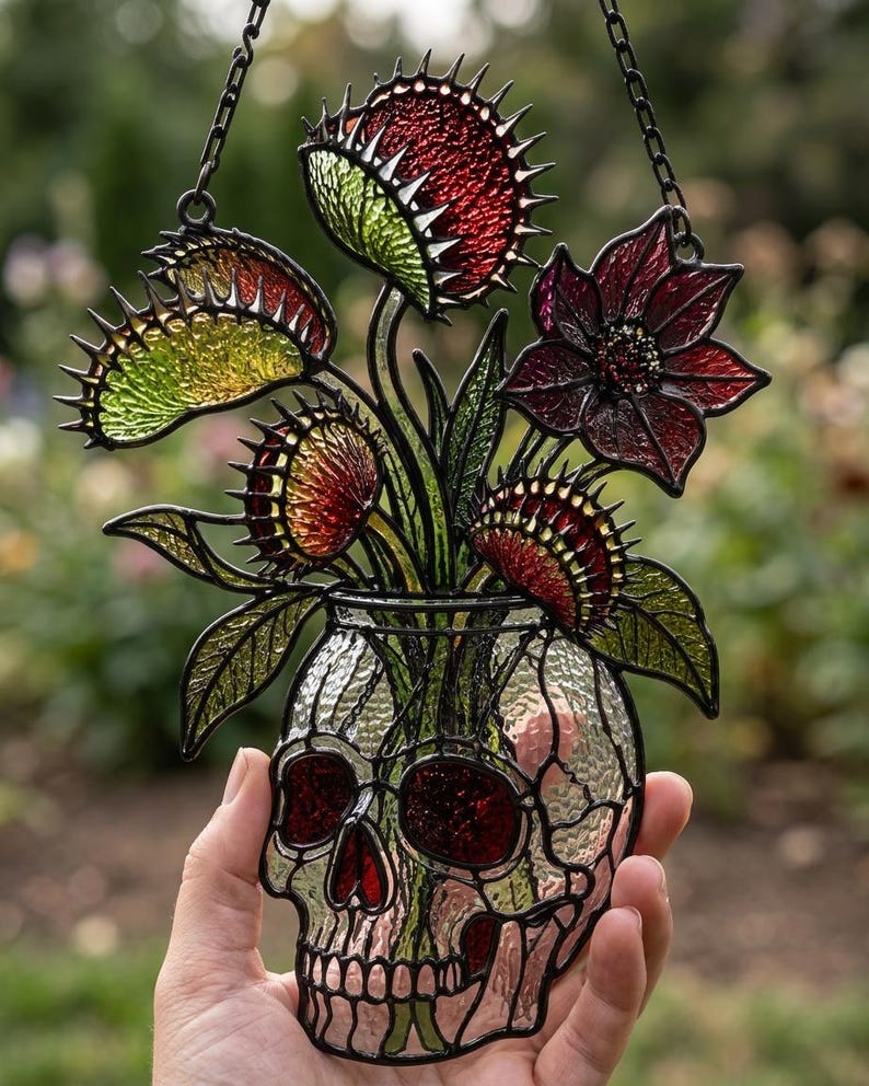 May include: A stained glass suncatcher featuring a clear textured glass skull vase containing several Venus flytrap plants and a dark red flower. The plants have green leaves and red-tinted traps with sharp teeth, all outlined in black metal cames.