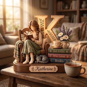 Könnte beinhalten: Eine dekorative Figur, die eine Person zeigt, die in einem Sessel ein Buch liest, neben einem großen Buchstaben K, einer schlafenden Katze, einem Blumenstrauß, einer kleinen Tasse und drei Büchern mit der Aufschrift Just A Girl, Who Loves und Books.