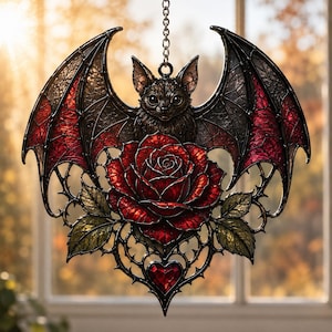 May include: A stained glass suncatcher featuring a central bat with spread wings, positioned above a large, deep red rose with green leaves. The design includes a small red heart at the bottom, all framed by dark metal outlines and a hanging chain.