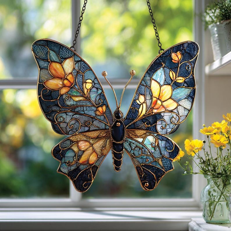Blue and Gold Butterfly Faux Stained Glass Suncatcher – Acrylic Butterfly Window Art, Whimsical Nature Decor for Butterfly and Flower Lovers