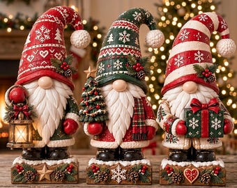 Christmas Gnome Wooden Blocks, Nordic Holiday Tabletop Decor, Festive Shelf Display
