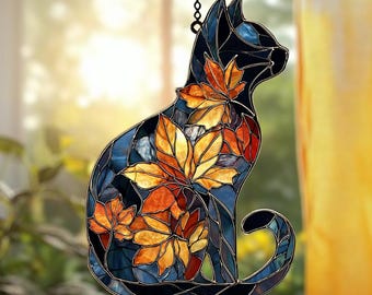 Acchiappasole in vetro colorato con motivo floreale a forma di gatto, decorazione da finestra in acrilico con gatto nero, regalo per mamma gatta, regalo per la casa stagionale accogliente.