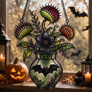 May include: A stained glass suncatcher featuring a vase with a black bat silhouette, filled with a bouquet of three green and red Venus flytrap plants and a central purple flower, all suspended by a black metal chain against a window.